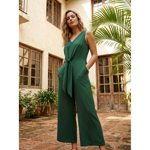 Pants - Gabby Emerald Green Tie Front Wide Leg Jumpsuit Sz 18W Resortwear Dark Academia